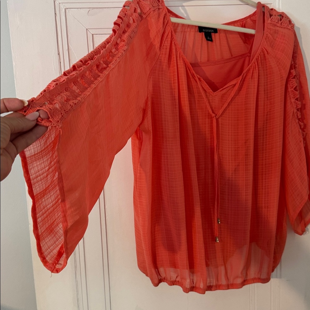Cute Sheer Orange Blouse with Crochet Details, built-in camisole